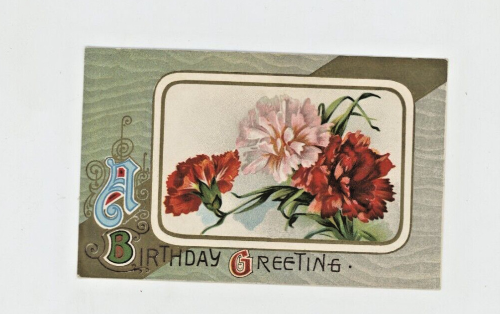 Vintage Birthday Postcard  FLOWERS CARNATIONS      GOLD  EMBOSSED       UNPOSTED