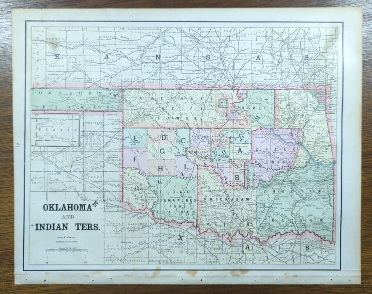 Vintage 1892 INDIAN TERRITORY Map 14\