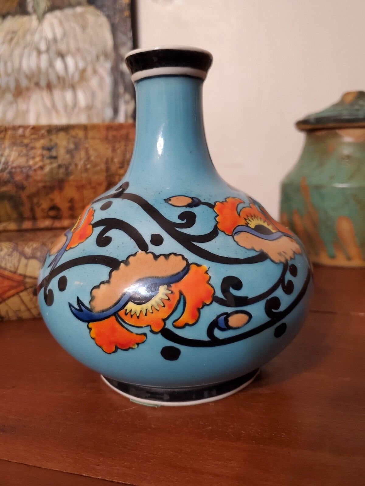 Vintage Kinkozan Porcelain Pottery Narrow Neck Vase with Blue Floral Design