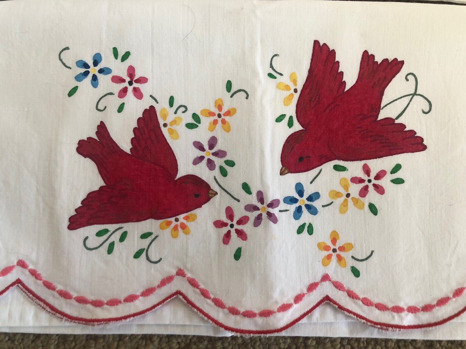 Vintage pair embroidered pillowcases flower Floral Birds