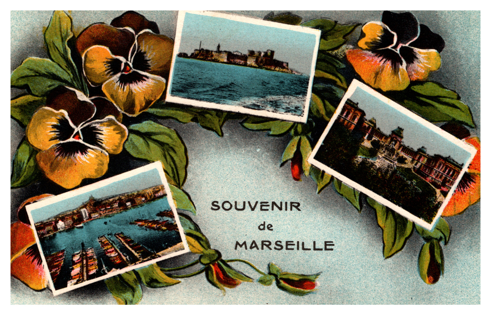 Souvenir de Marseille France Colorized Flowers Lithograph Postcard Unposted