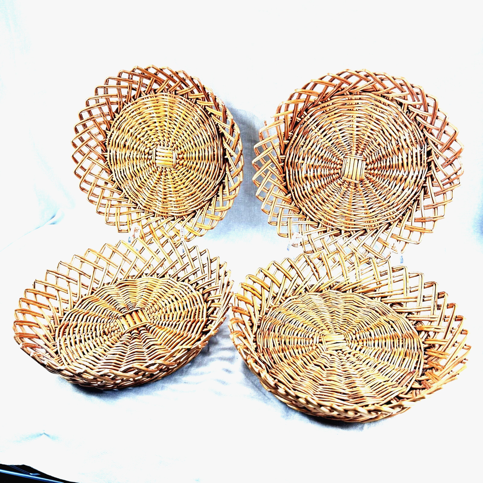 Lot of 4 Bread Baskets, Open Weave Round Wicker Rattan 10\