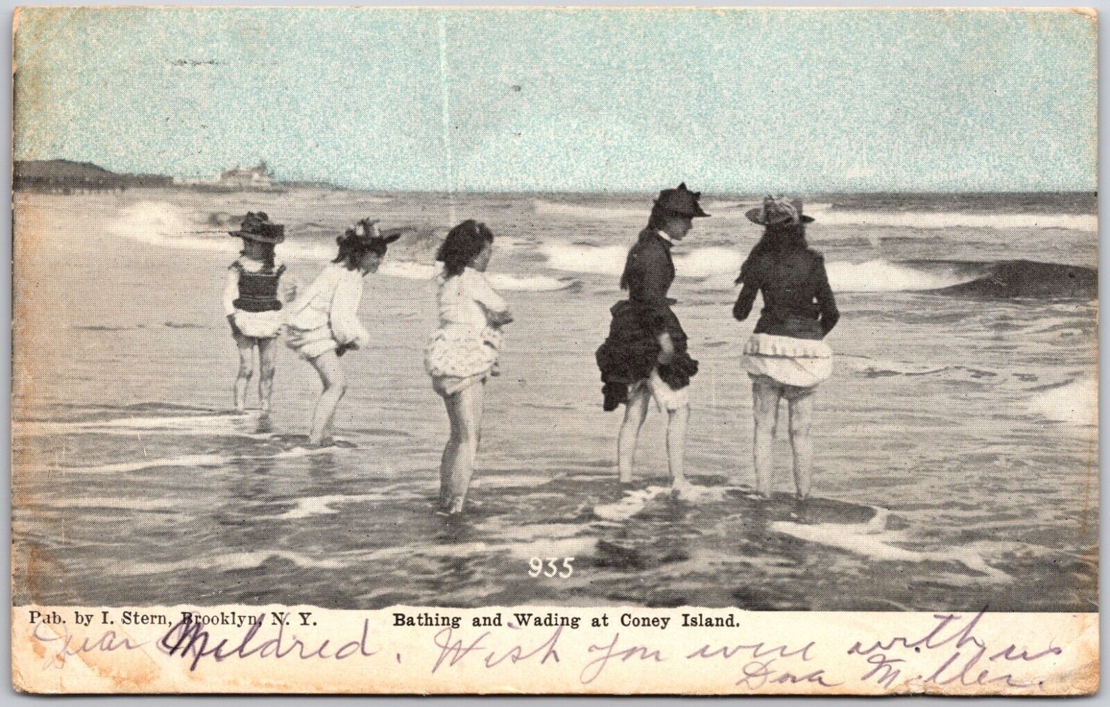 Brooklyn New York bathing and wading at Coney Island UB Postcard 1908