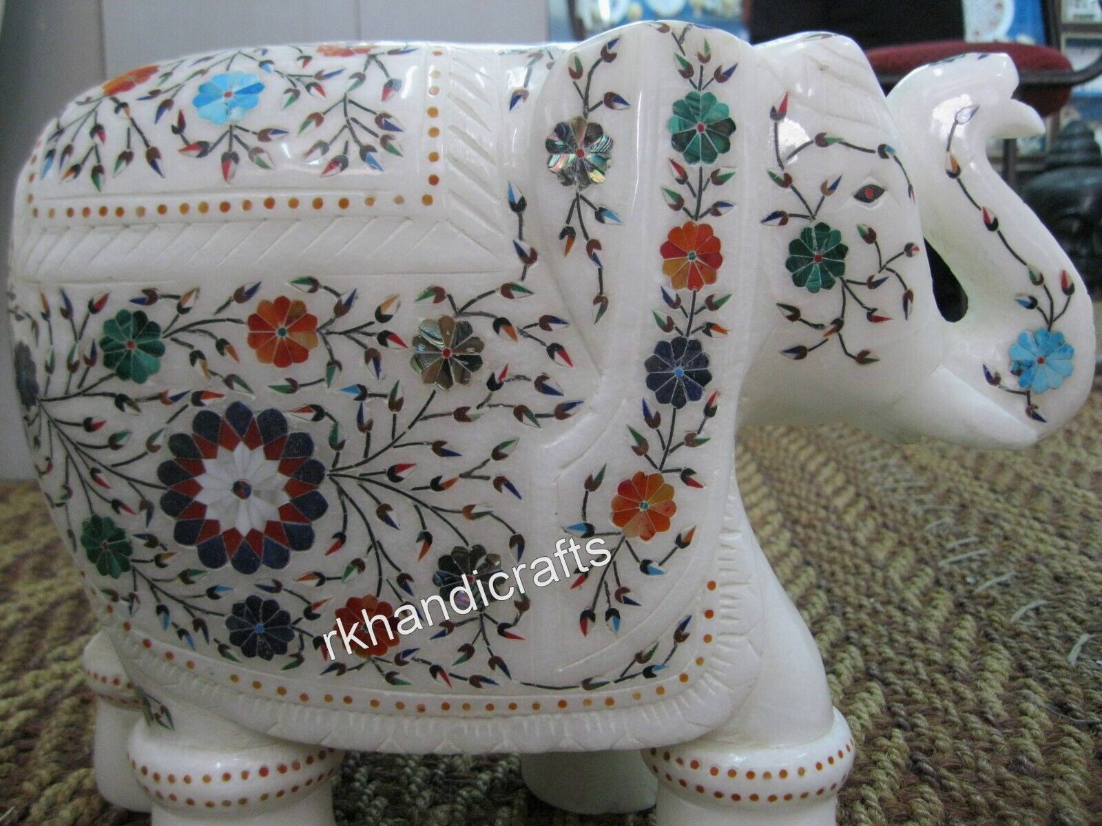 10 Inches Multicolor Stone Inlay Work Elephant Statue Marble Up Trunk Elephant