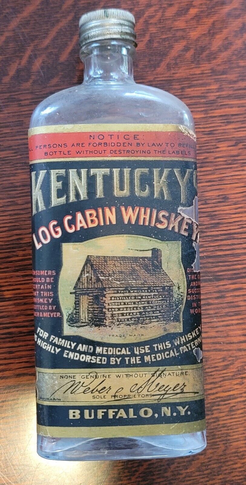 Antique Rare Kentucky Log Cabin Whiskey Bottle Buffalo NY Medicine Advertising 
