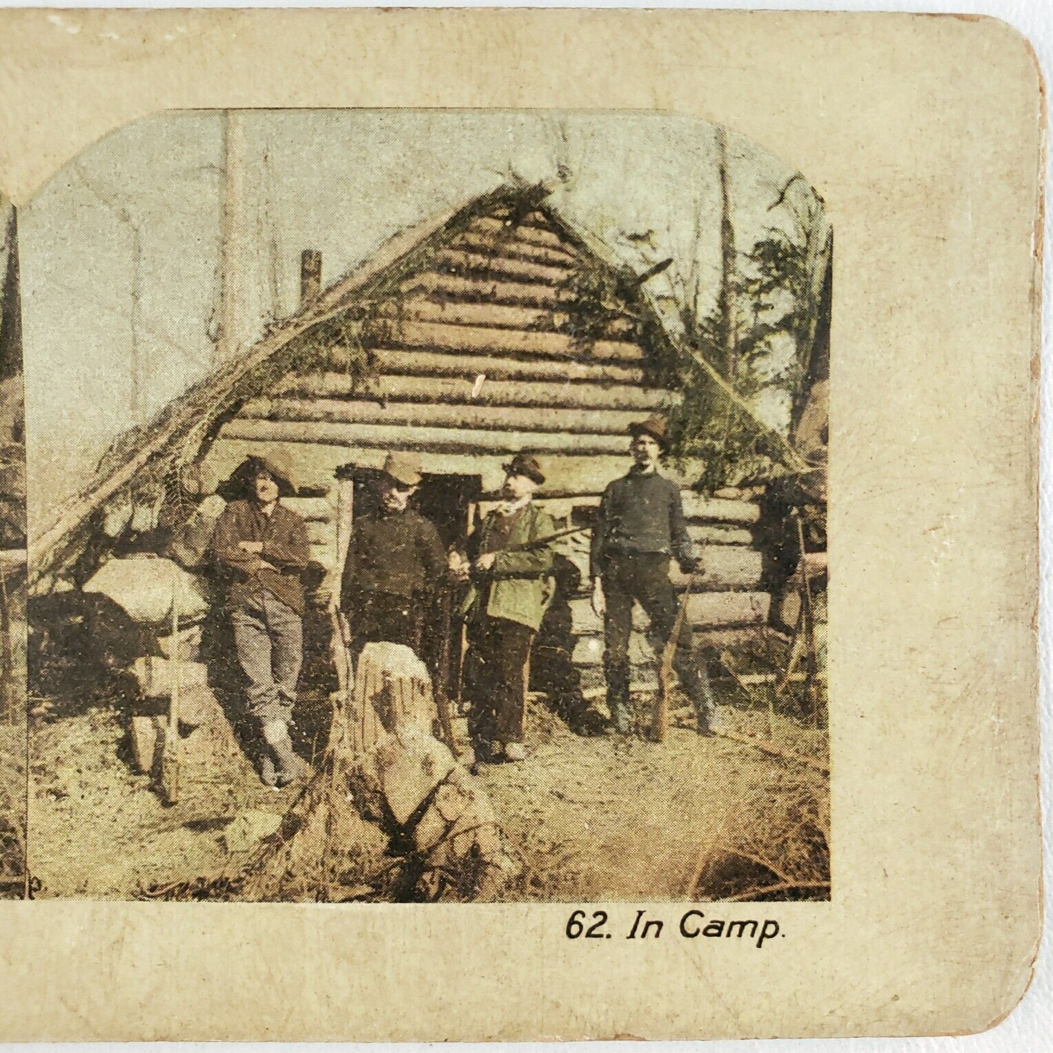 Hunting Camp Cabin Hunters Stereoview c1905 Men Rifles Antique Guns Card C957
