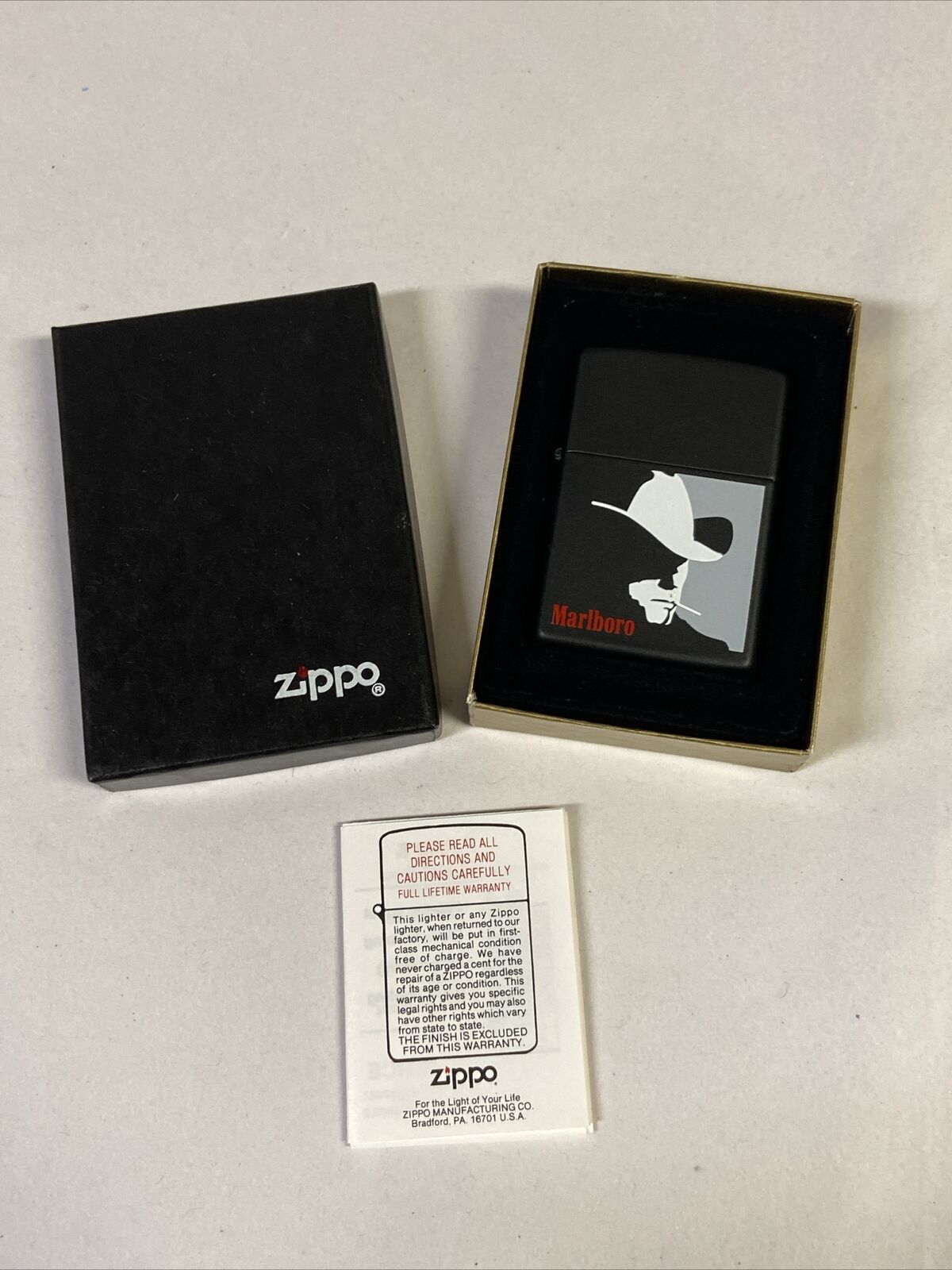 1992 Zippo Marlboro Lighter In Box - Marlboro Man Silhouette Black Matte Design