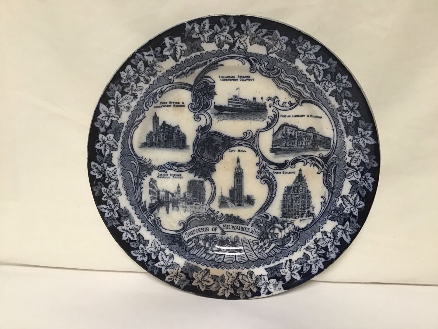 RR95 Vinttage Antique Souvenir of Atlantic City Blue & White Porcelain Plate