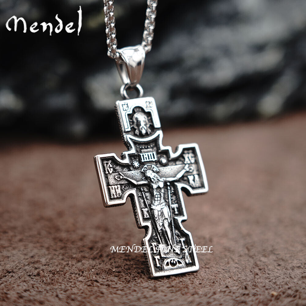 MENDEL Mens Russian Orthodox Crucifix Cross Pendant Necklace Stainless Steel Boy