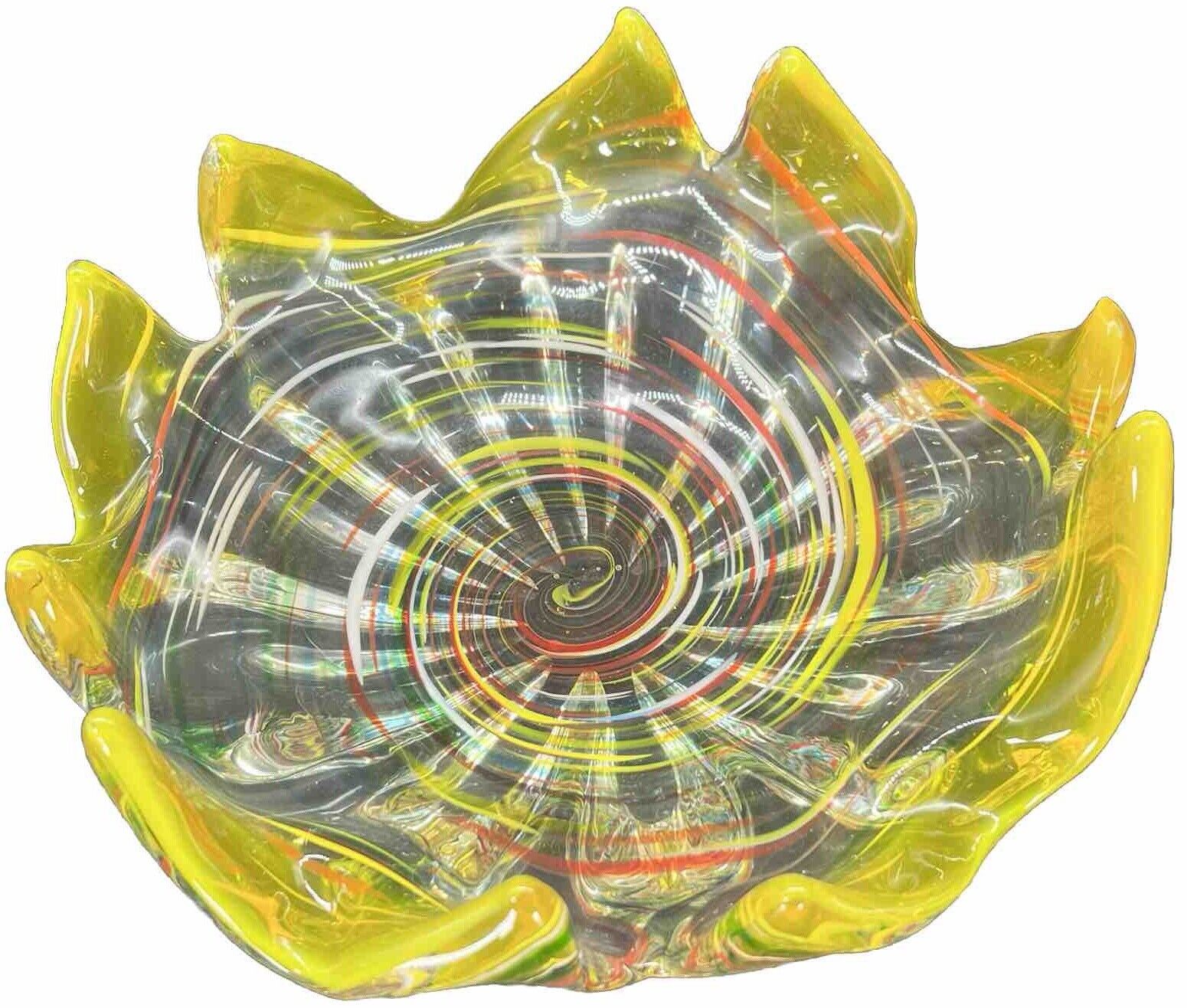 Murano Art Glass Console Bowl Sunburst Acid Yellow Multicolor MCM Vintage