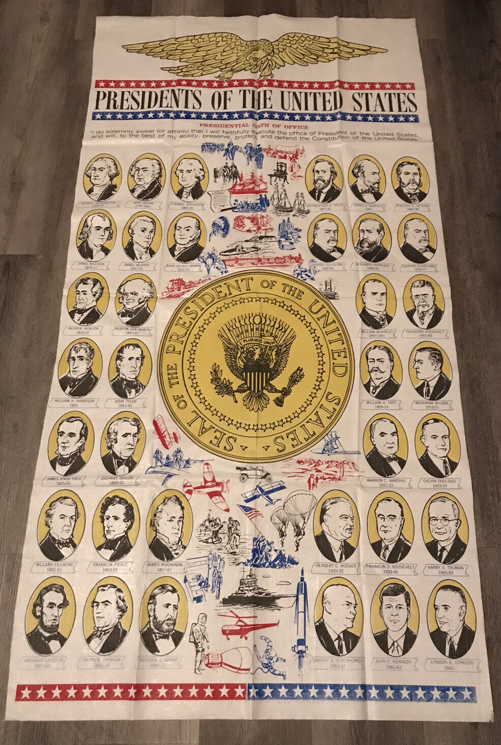 Vtg MCM 1960s US PRESIDENTS Plastic 61 x 31 Educational Decor Poster - AS IS