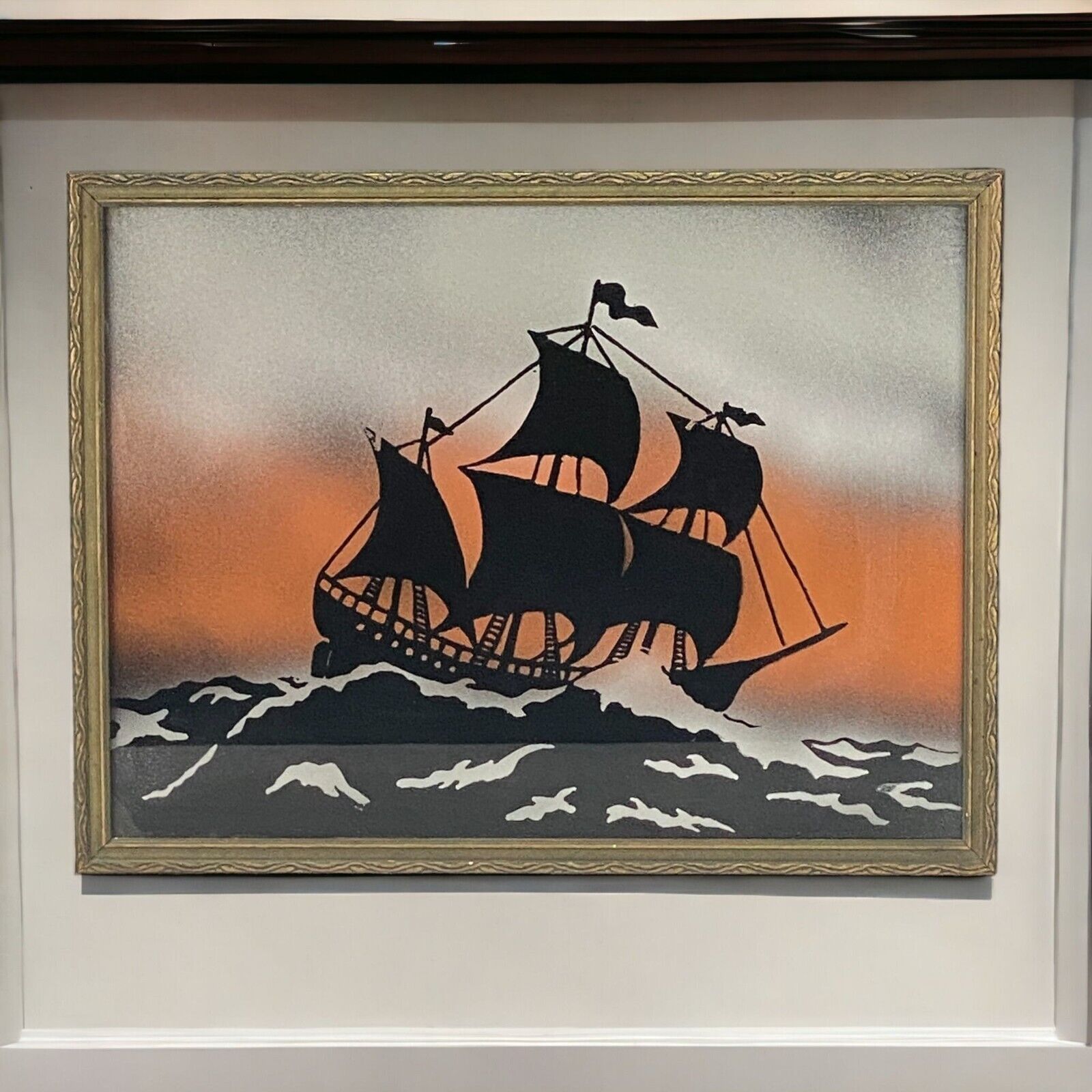 Vintage Sailing Ship Reverse Paint Silhouette Framed Art Wall Decor