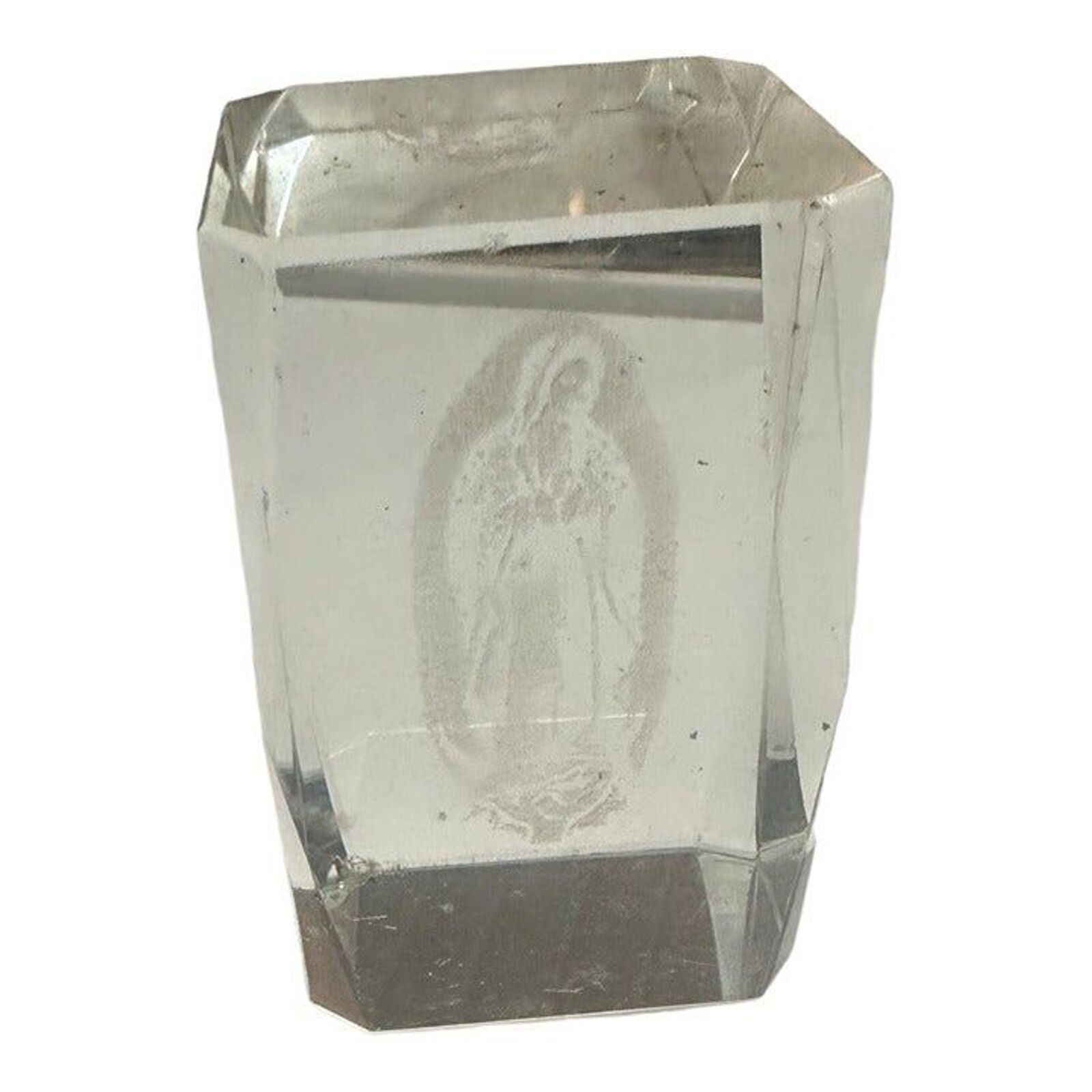 Glass Paperweight Mother Mary Inside Religious Collectible Solid Triangle Shape