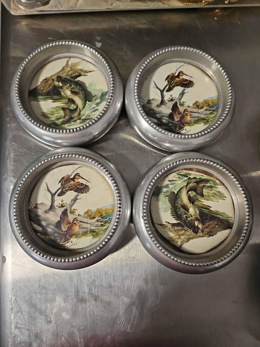 Set Of 4 Vintage Fred Sweney Metal Glass Coasters Wildlife Coasters Signed Bar