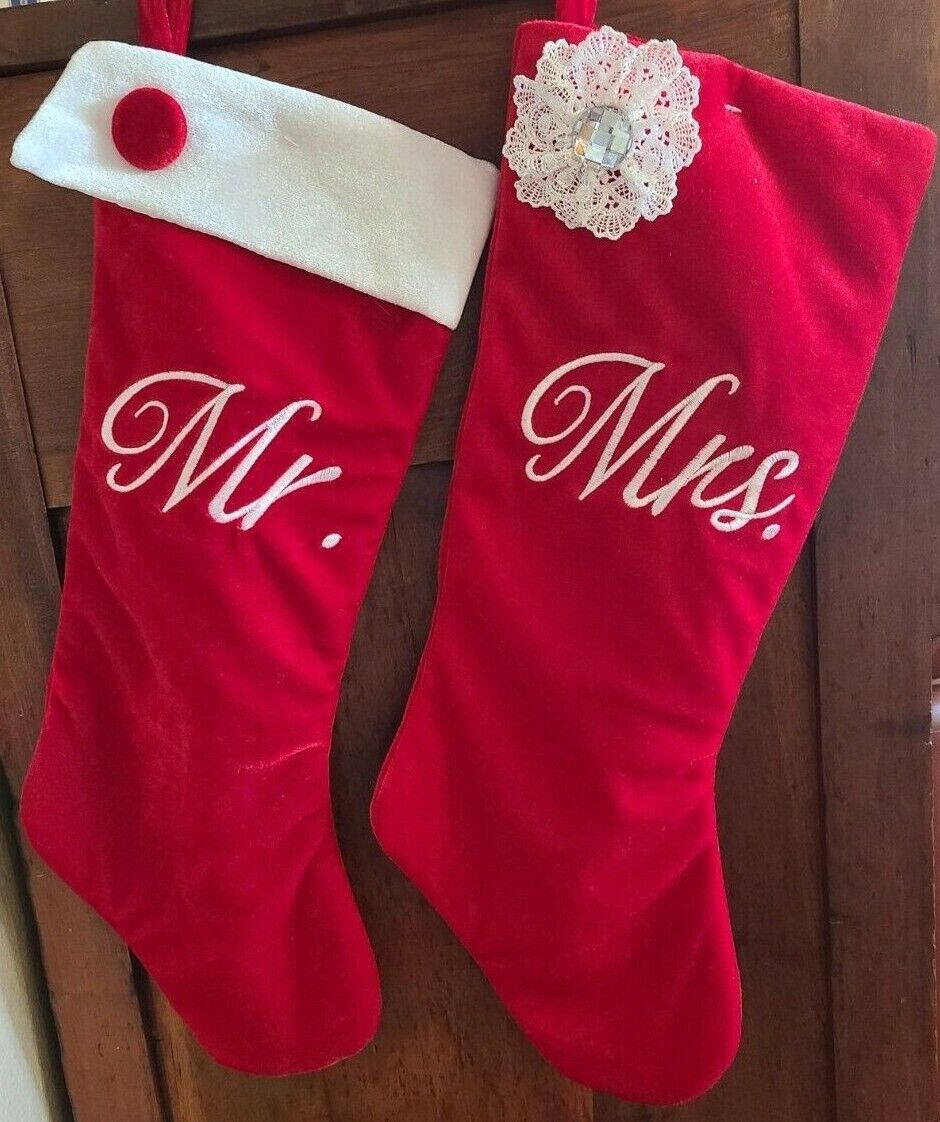 NEW Set 2 Mr. & Mrs. Red Velvet Christmas Stockings Farmhouse Decor 20\