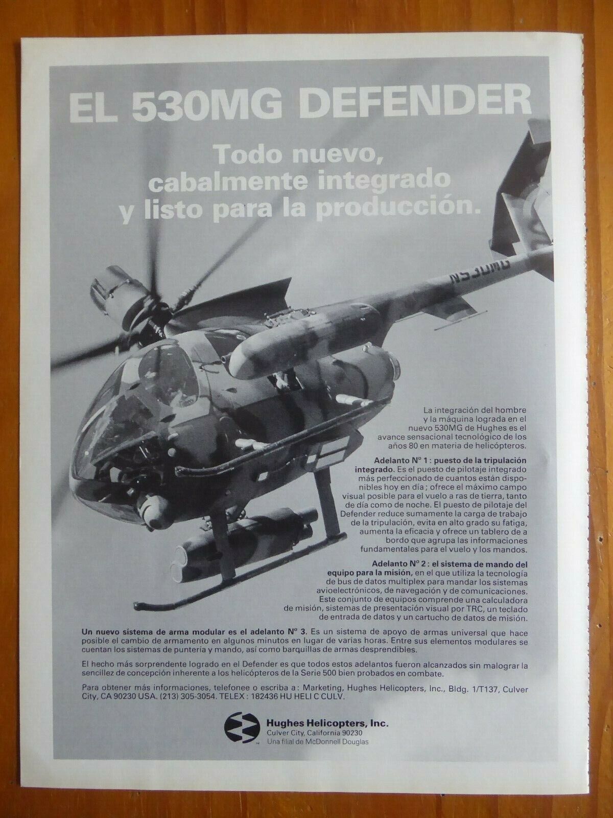 9/1984 PUB HUGHES 530MG DEFENDER MILITARY HELICOPTER SPANISH AD