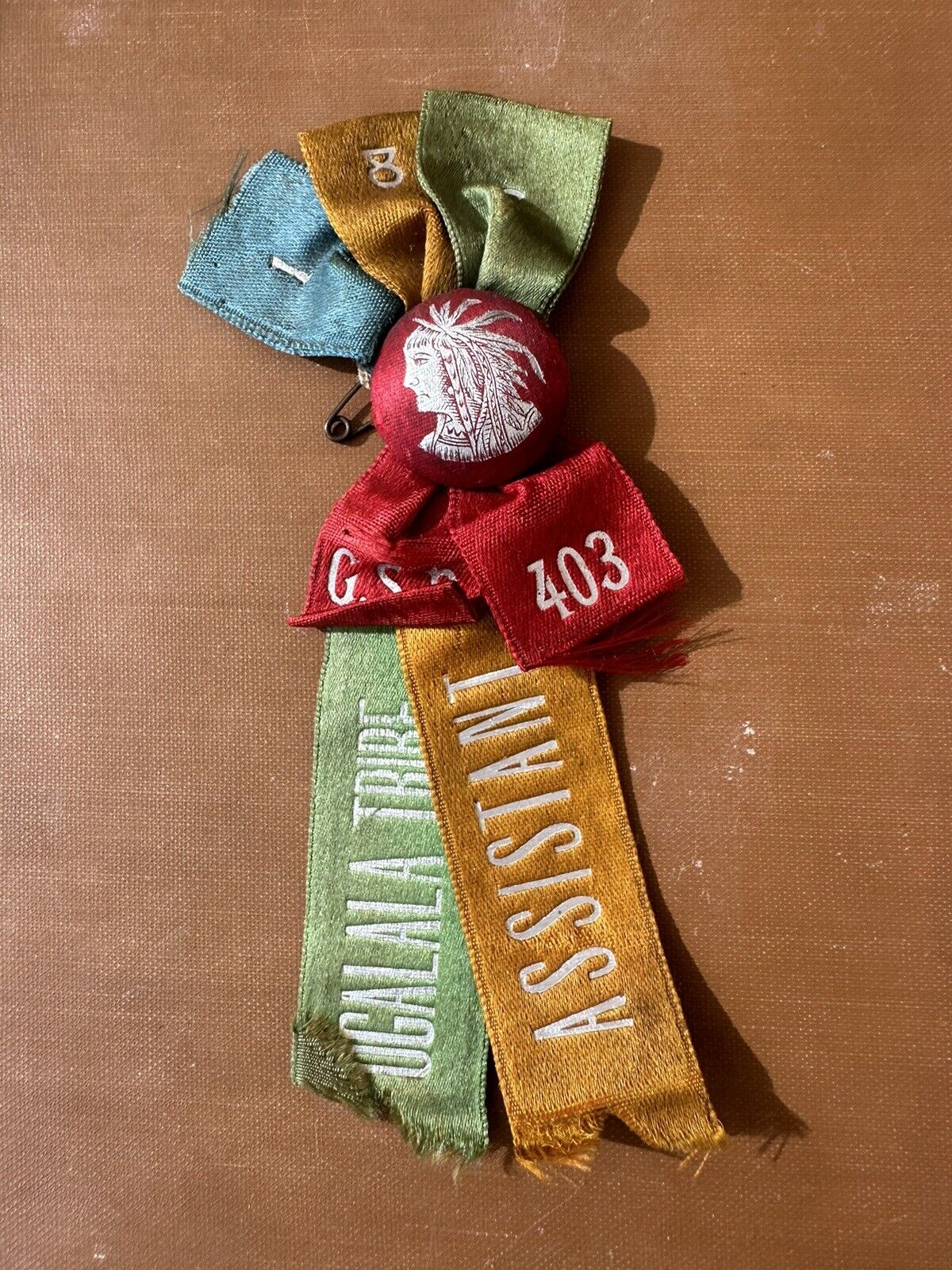 Antique 1900s Native American Ogalala tribe ribbon pin souvenir