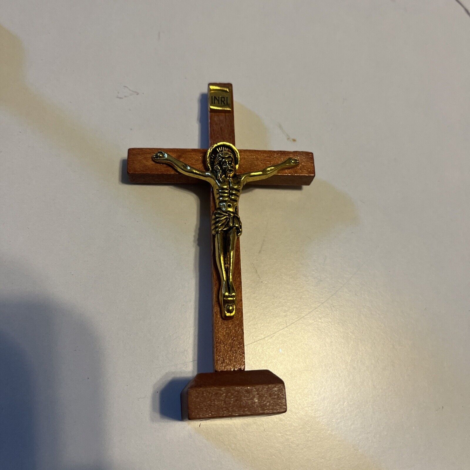 Vintage miniature standing Wooden crucifix with  bronze Jesus￼
