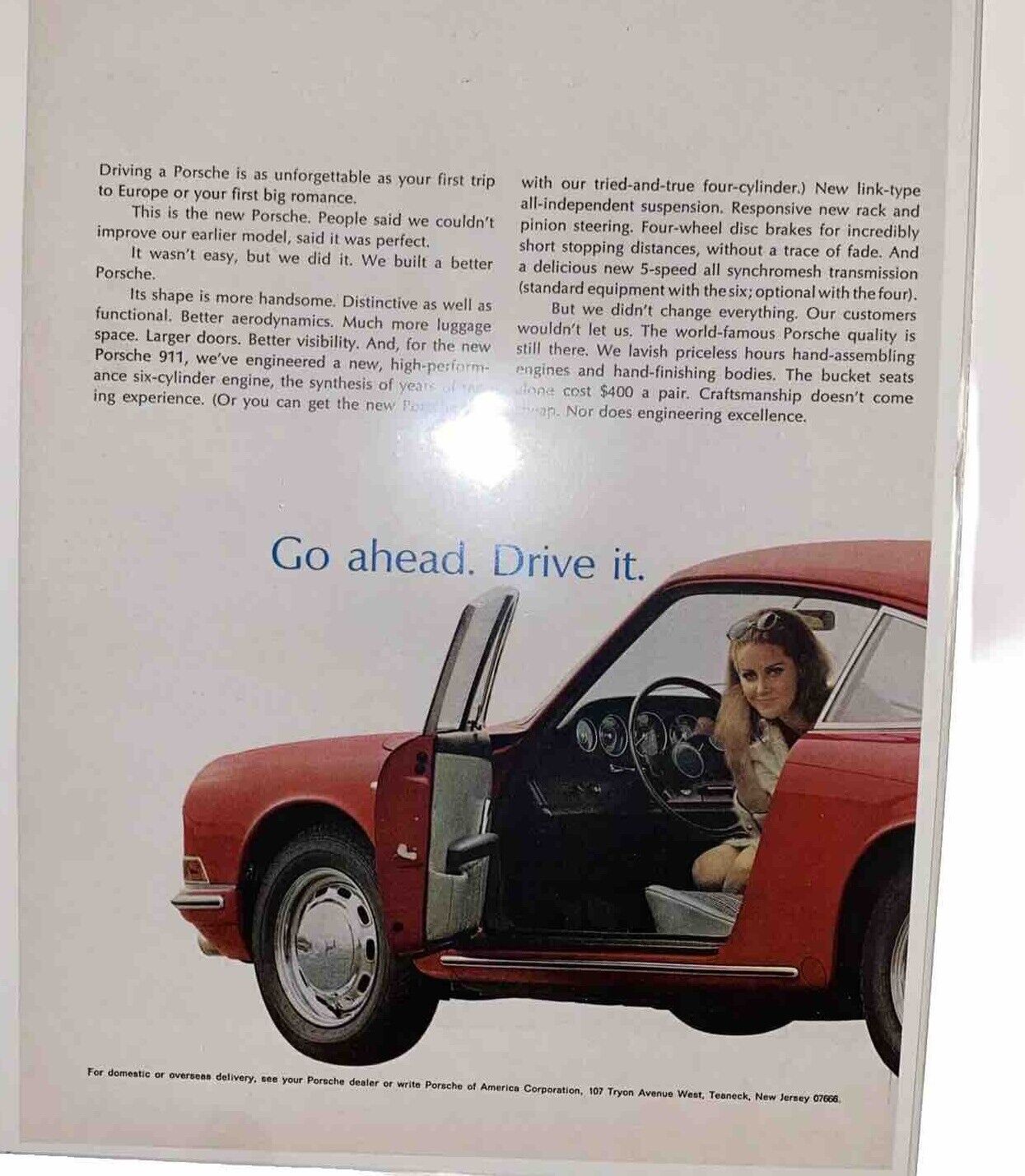 1966 Porsche 911 red car photo vintage print ad You’ll Never Forget It. European