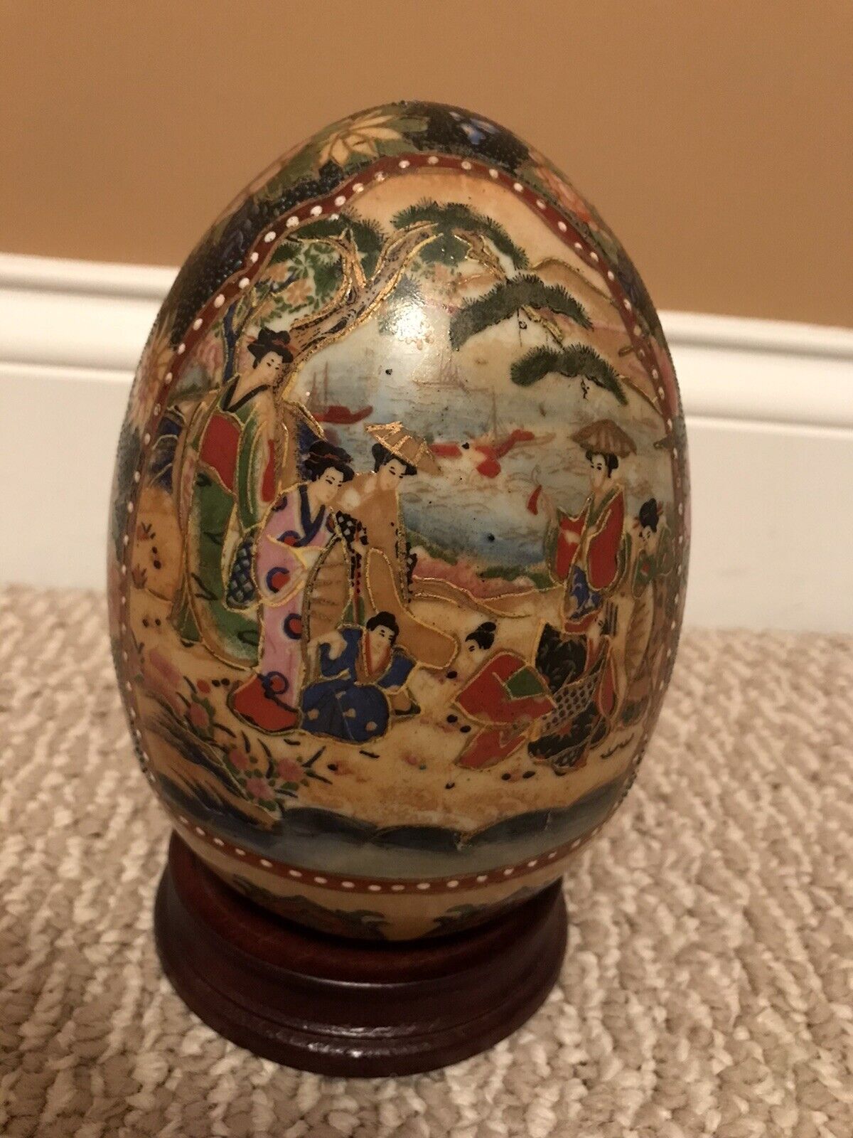 Antique/Vintage Japanese Hand painted Satsuma Porcelain Egg And Stand