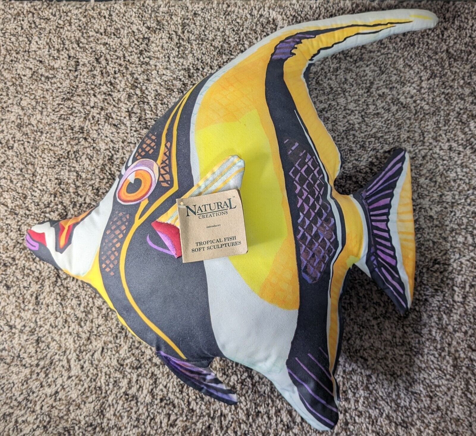 Moorish Idol Fish Shaped Fabric Pillow Vintage Hard Toy 17x21”Natural Creations