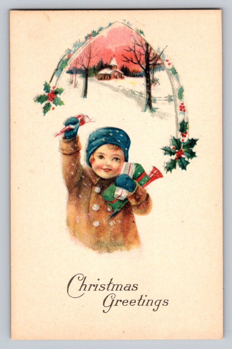 c1910 Child Presents Holly Snow Church Scene Christmas P146A