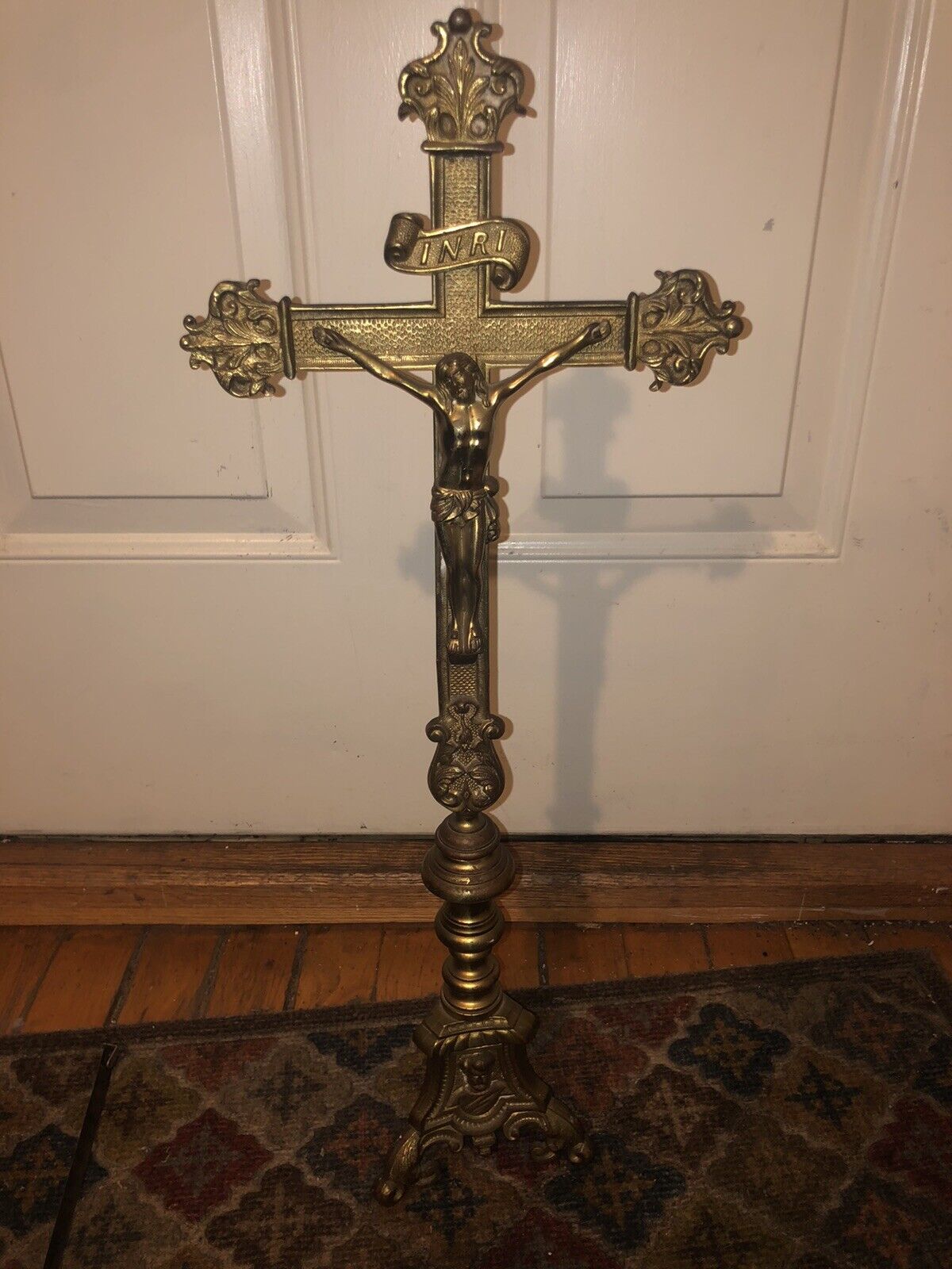 Antique French Gothic Revival INRI Brass Alter Standing Crucifix 19th Century