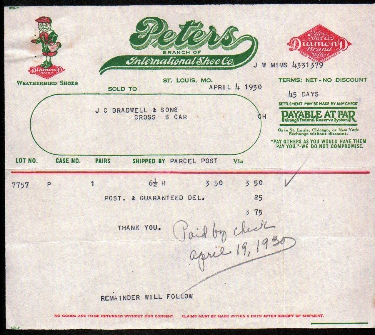 St Louis MO 1922 Peters International Shoe Co - Diamond Brand - Letter Head Bill