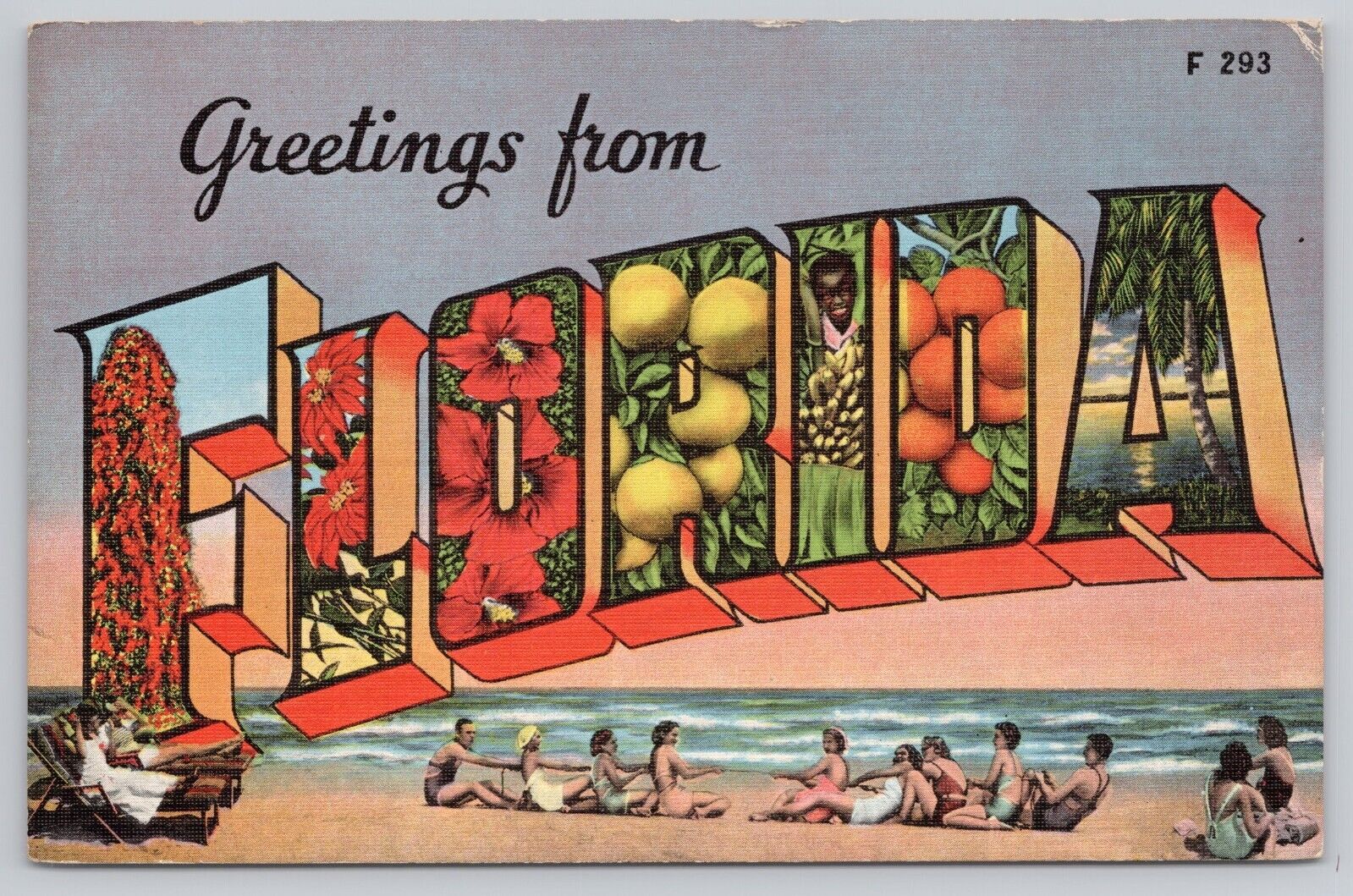Florida, Large Letter Greetings, Beach Sunbathers, Vintage Postcard