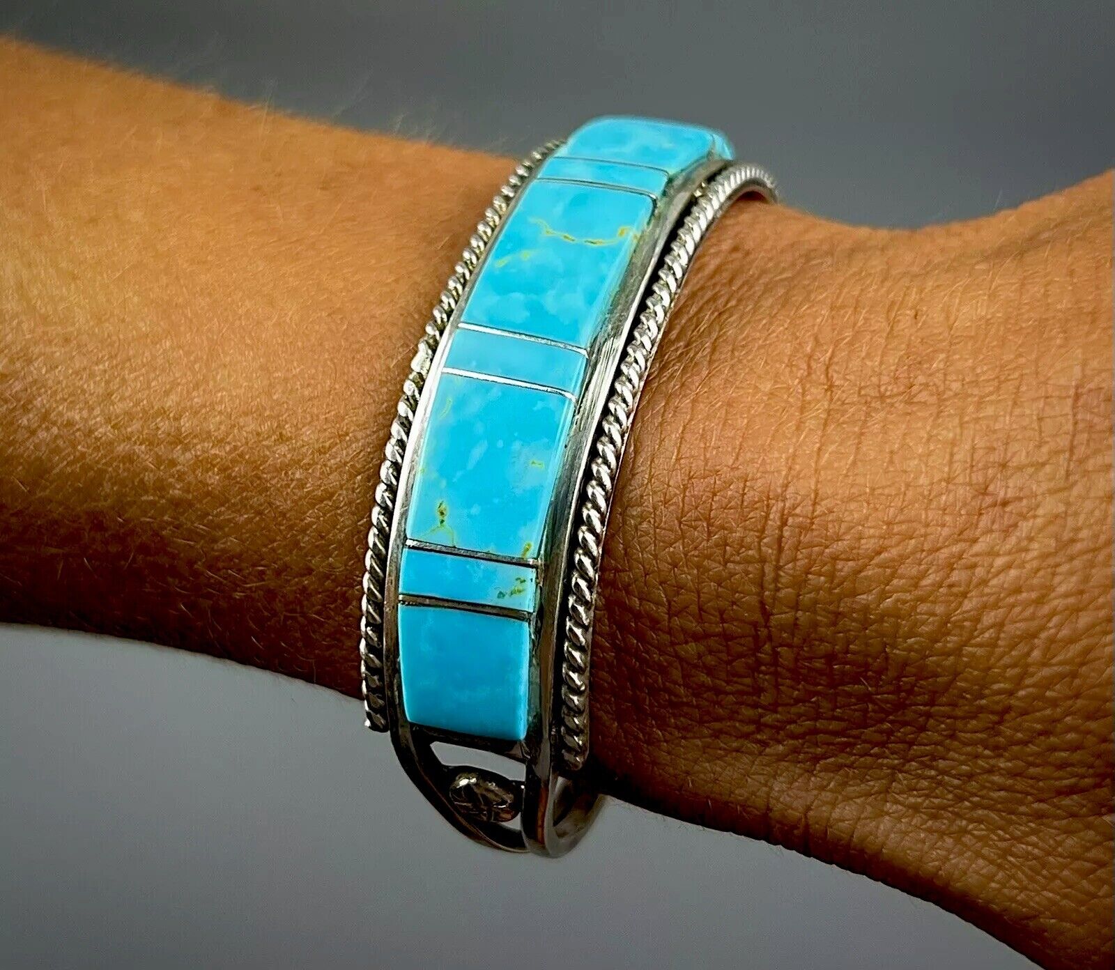 Vintage Zuni Sterling Silver Channel Turquoise Inlay Cuff Bracelet MINT