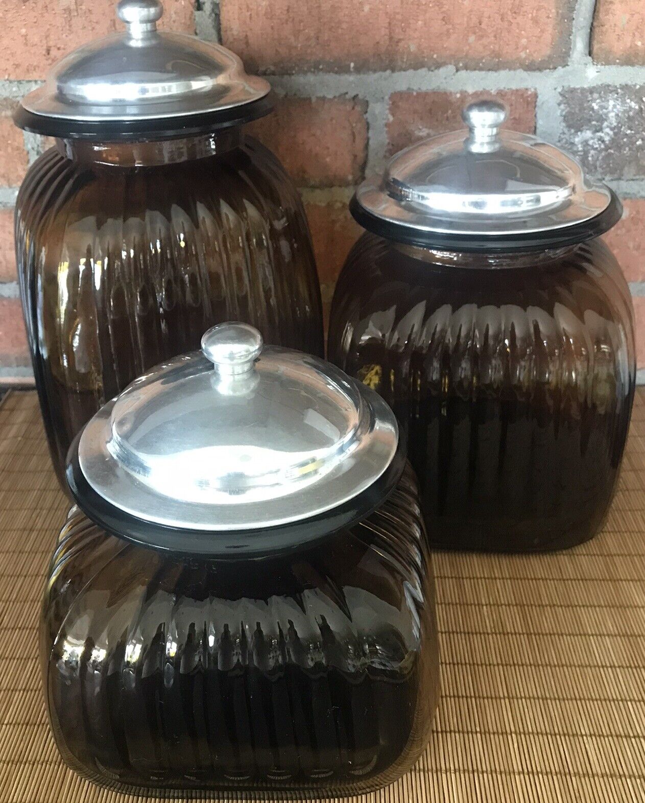 3 Vintage Artland Amber Glass Ribbed Apothecary Canister Set With Pewter Lids