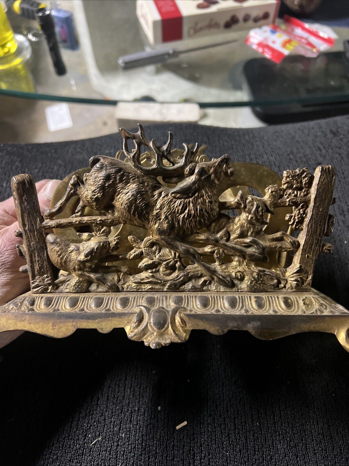 Bradley and Hubbard Louis XV style Gold  Gilt Bronze Hunt Scene Desk Letter Hold