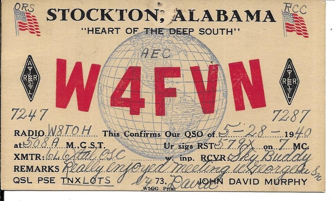 QSL 1940 Stockton Alabama   radio card