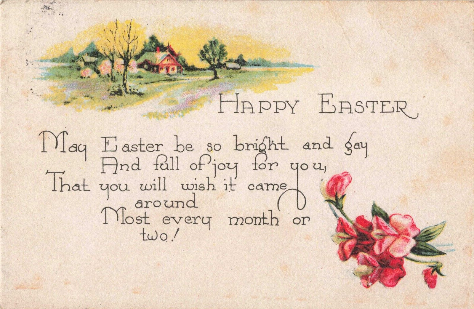 Happy Easter Poem, Country Home Scene, Pink Flowers, Vintage Postcard