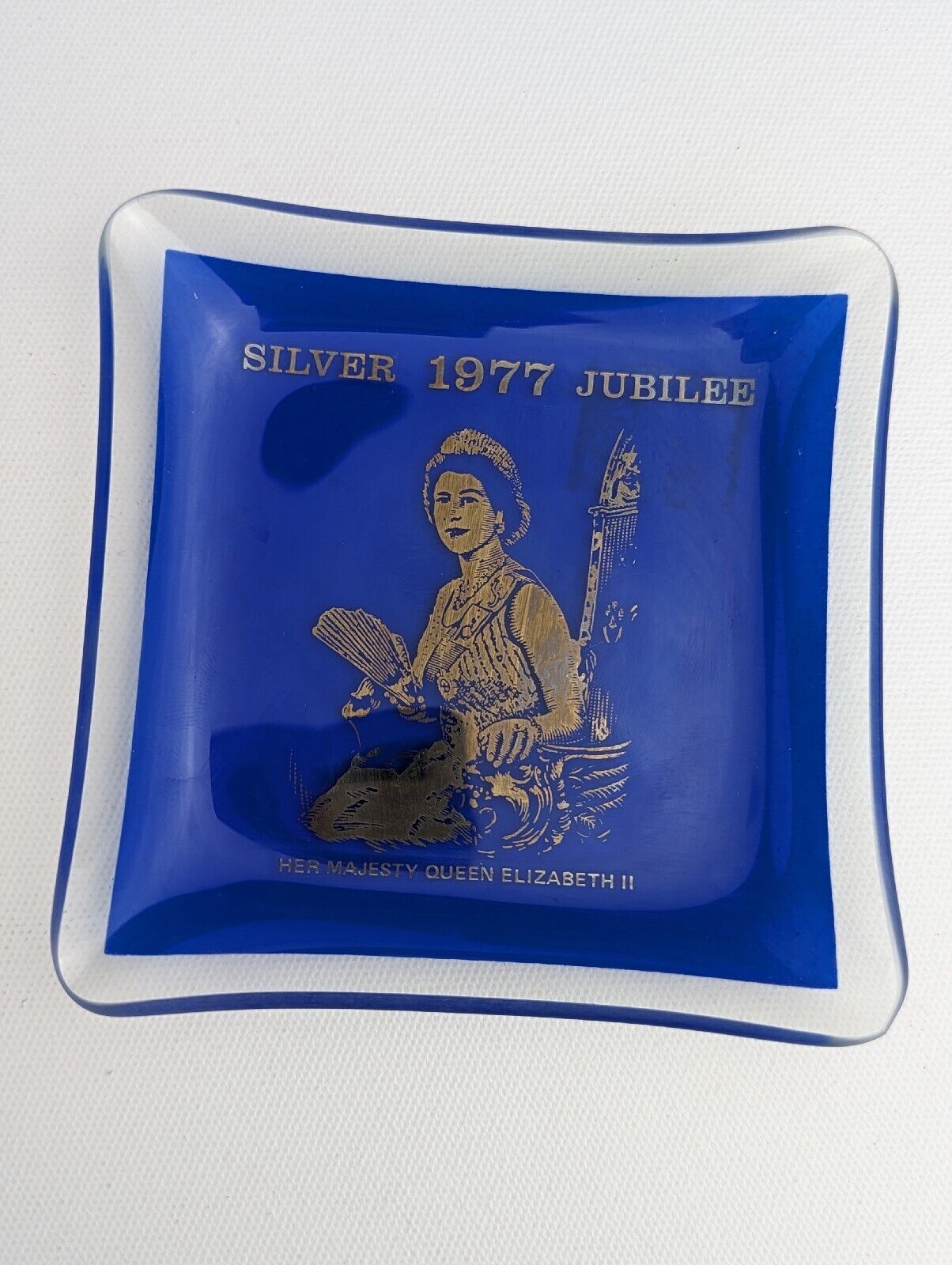 Vintage HRH Queen Elizabeth II Silver Jubilee 1977 Glass Trinket Plate Dish Tray