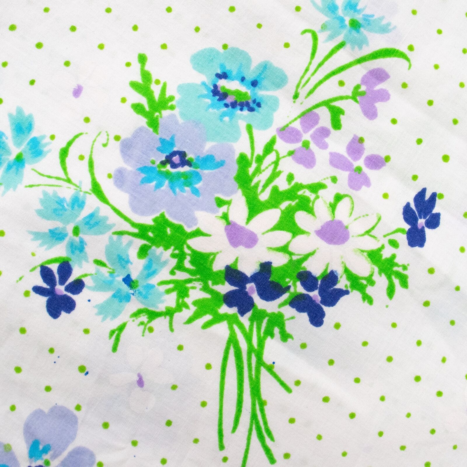 Vtg Full Flat Bed Sheet Floral Flowers Blue Green Polka Dots 1970s Groovy CUTTER