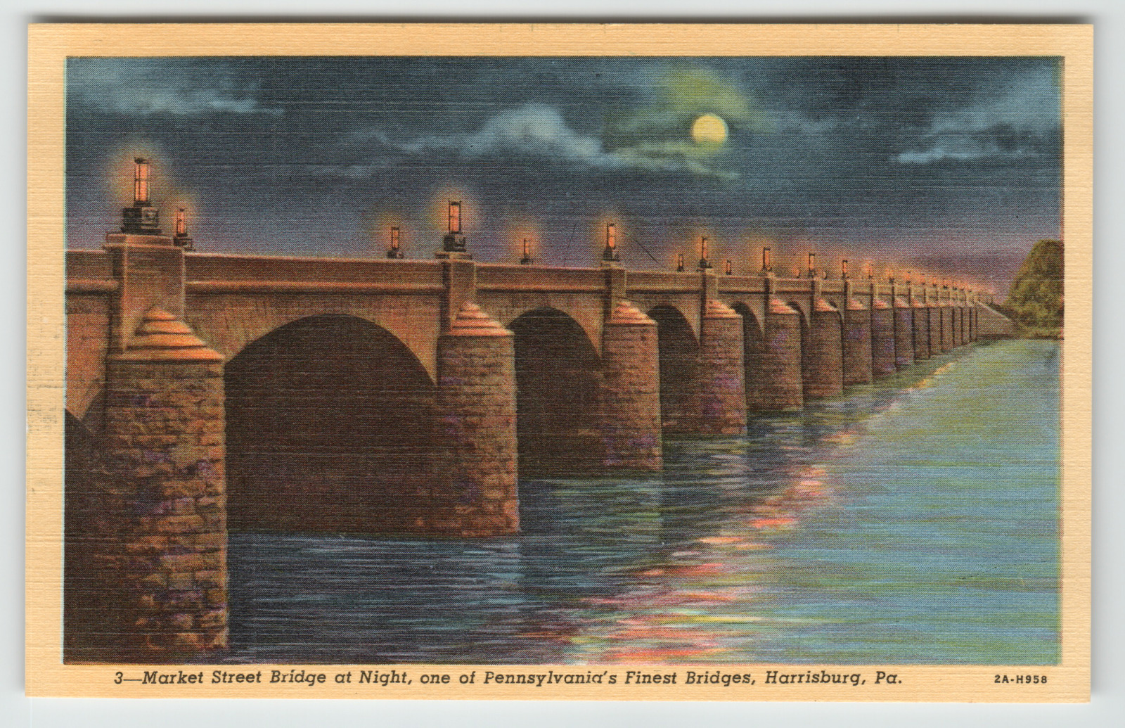 Postcard Linen Market Street Bridge at Night Harrisburg, PA