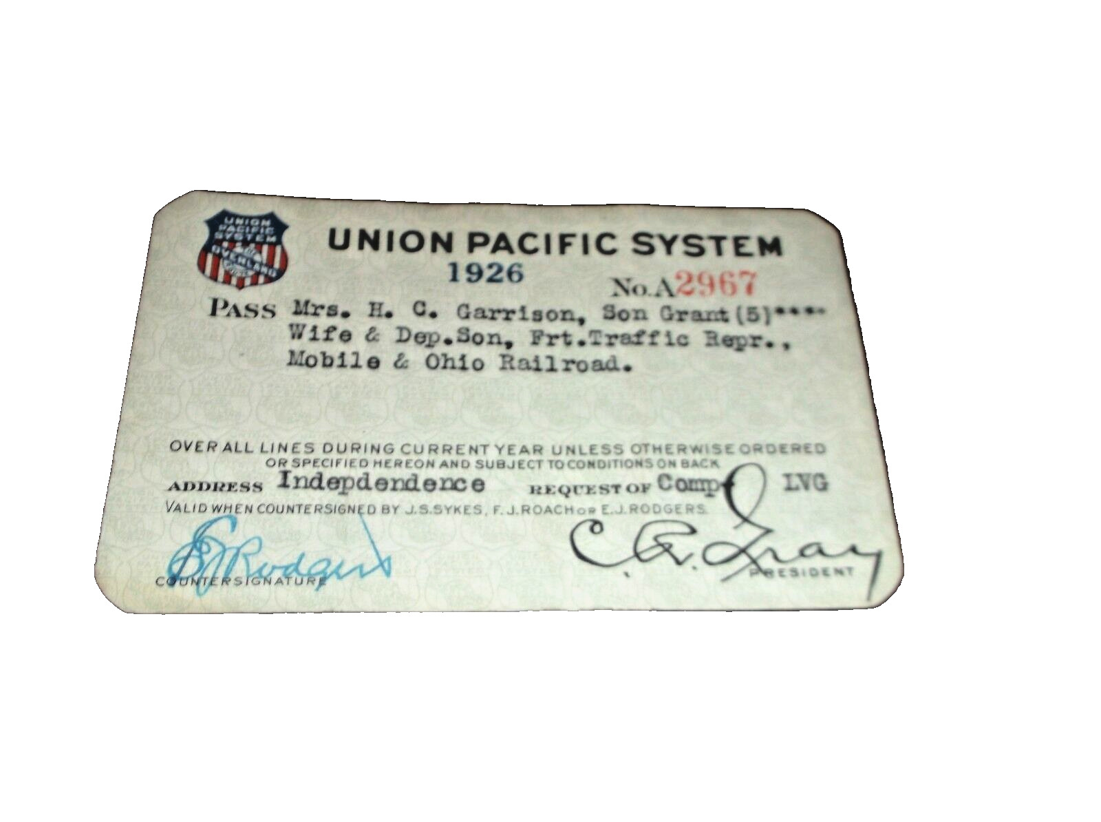 1926 UNION PACIFIC RAILROAD EMPLOYEE PASS #2967