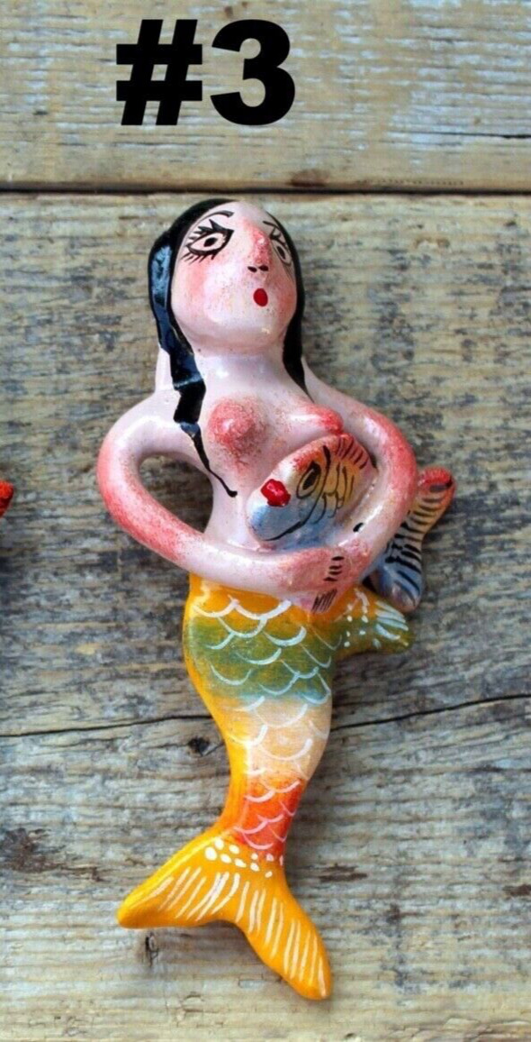 #3 Mermaid Holding Fish Yellow Tail Clay Ornaments Handmade Mexican Folk Art