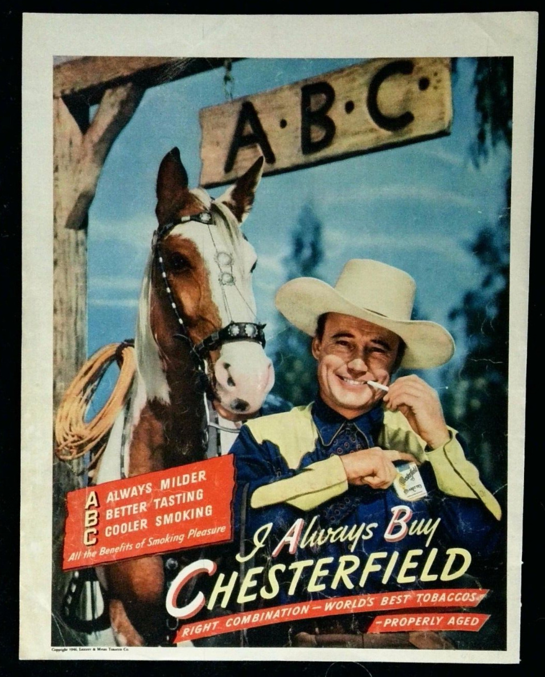 1946 Vintage Chesterfield ABC Cigarettes Print Ad Cowboy & Horse