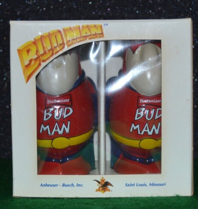 Vintage 1991 Bud Man Budweiser Salt & Pepper Shaker Set, Awesome New In Box