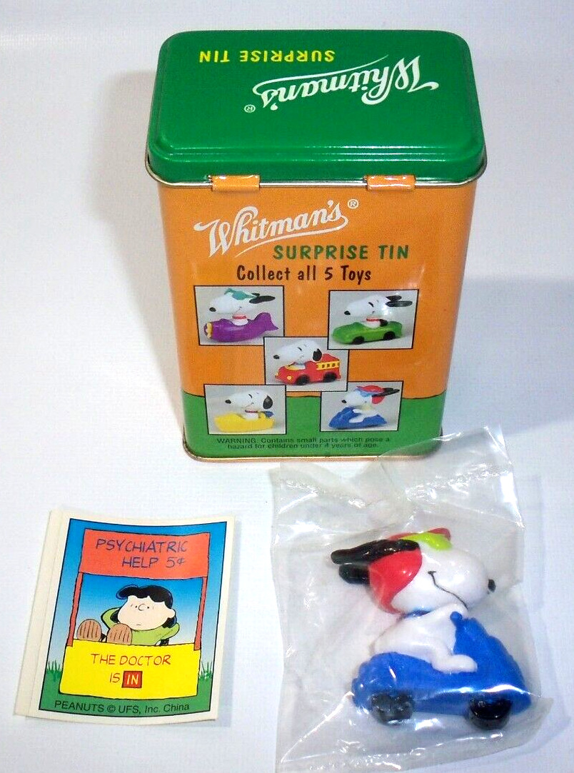 Vintage Whitman\'s 1997 Surprise Tin Can Peanuts Snoopy Tin Toy Sticker