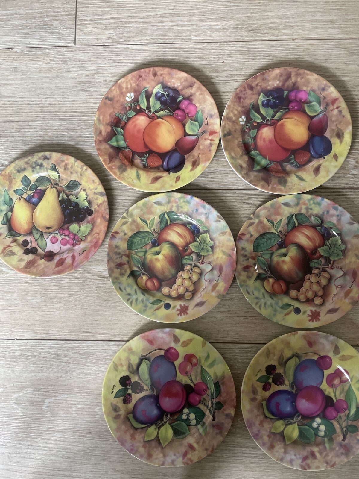 Lot of 7 Godinger  1855 Email De Limoges Fruit Plates 7” Plum Peach Apple