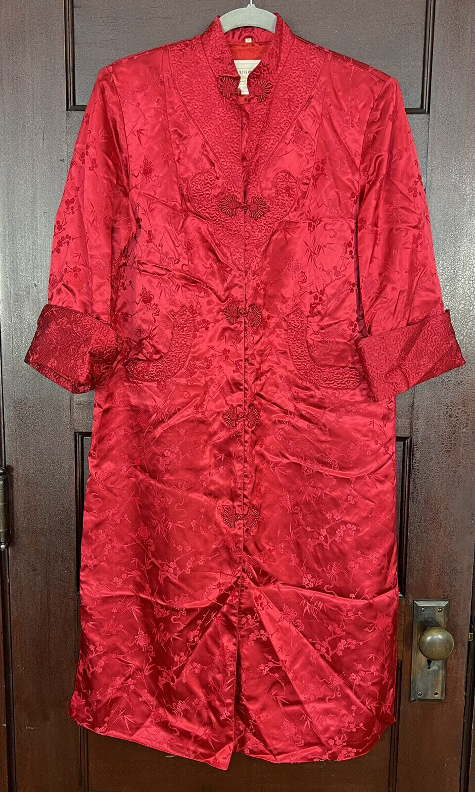 Peony Brand Vintage Red Brocade Chinese Kimono Robe Jacket Lined 36 M-L