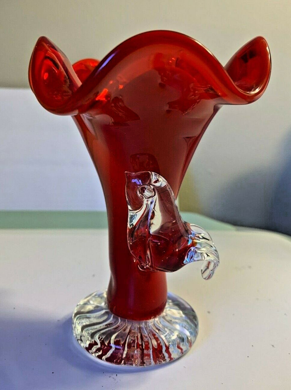 Vase Blown Glass Art Glass Ruffled Edge Applied Clear Glass Bird Ruby Red Vase