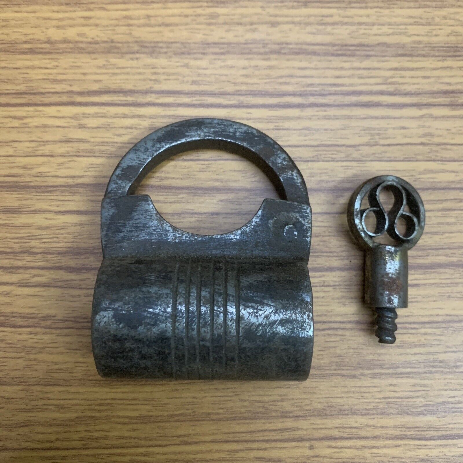 1850's Iron padlock or lock with SCREW TYPE original key, small size.