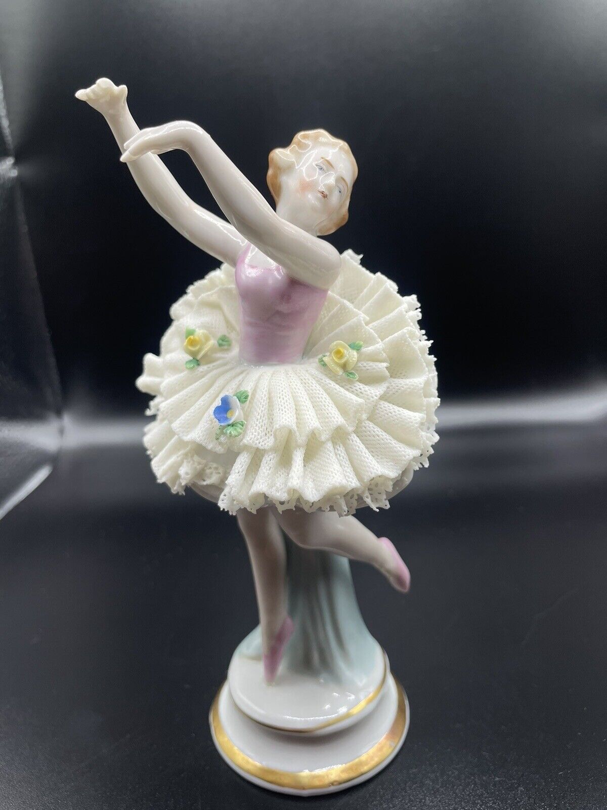 Vintage German Dresden Lace & Porcelain Ballerina. Pink & White Figurine