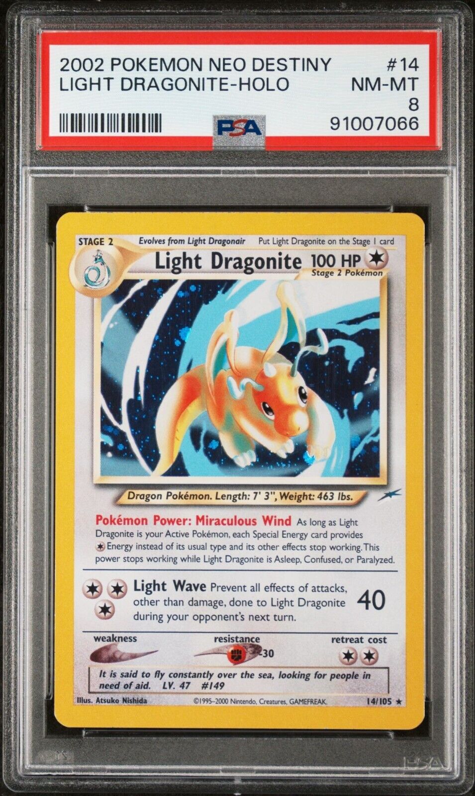 Pokemon 2002 Neo Destiny 14 Light Dragonite Holo PSA 8