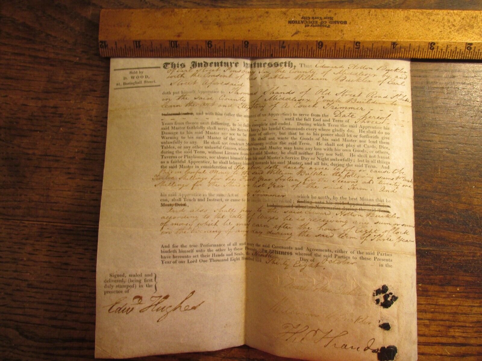 Antique Ephemera 1838 British Indentured Servant Document  on Vellum w/ Seals