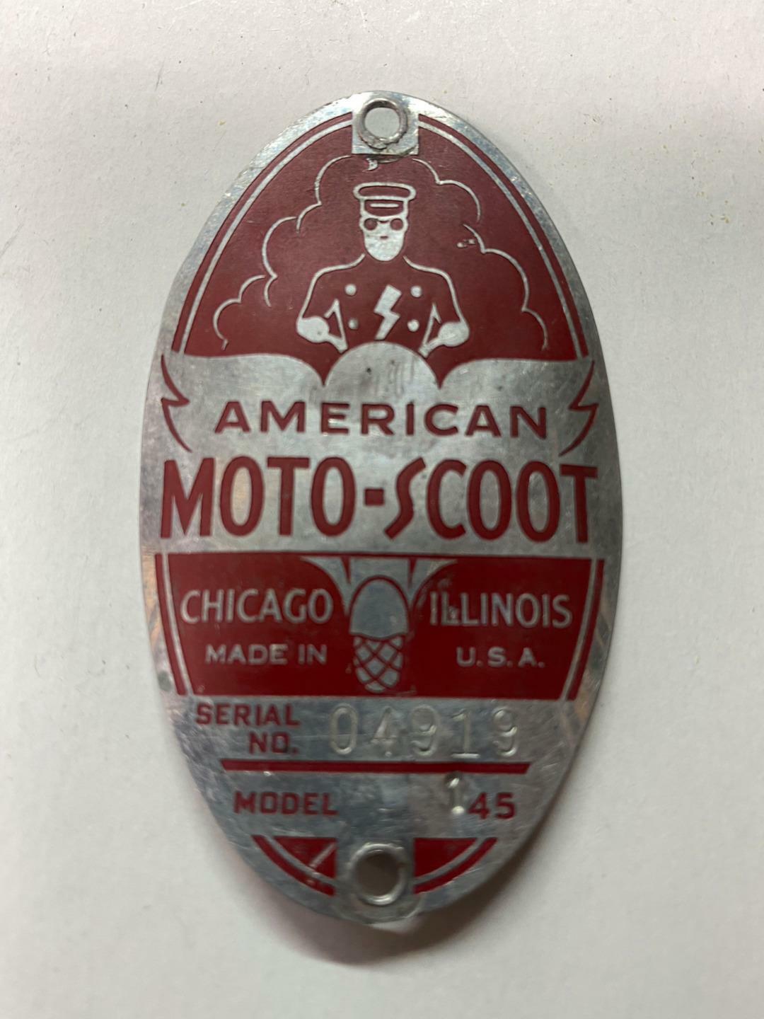 vintage bicycle AMERICAN MOTO-SCOOT Head BADGE tag Chicago, Illinois scooter